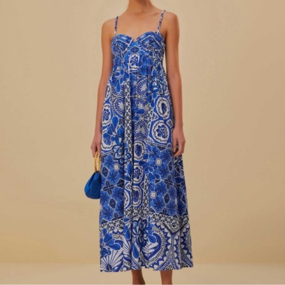 FARM Rio Dresses & Skirts - FARM Rio “Tile Dream” Blue and White Patterned Maxi Dress in XS